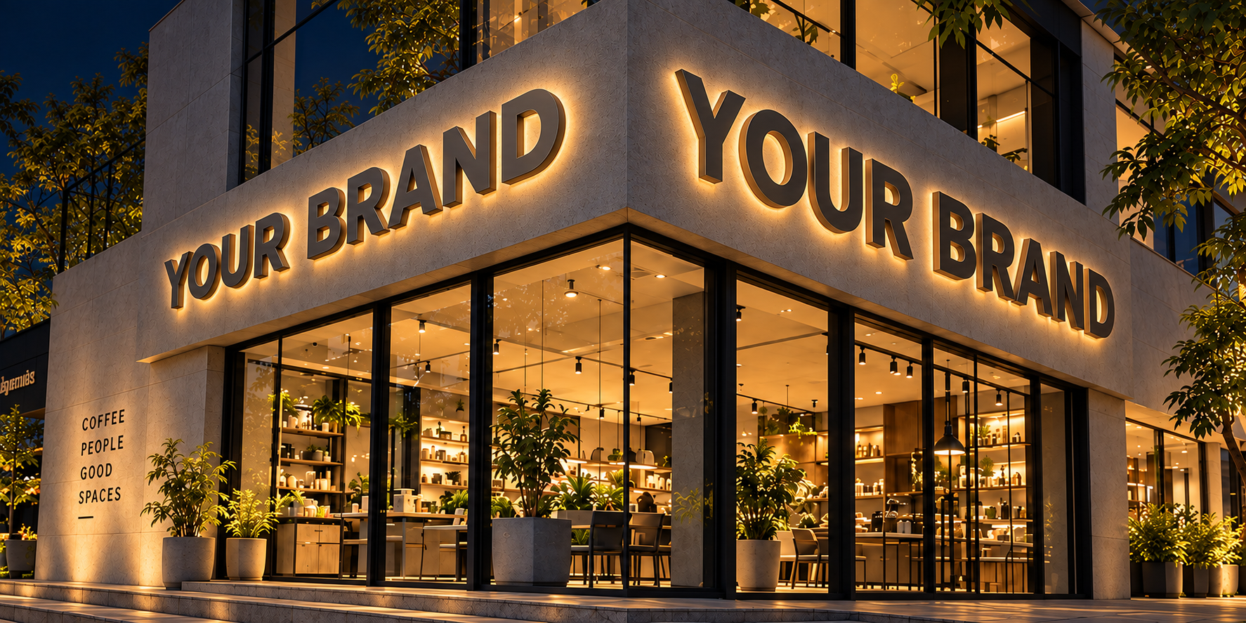 Storefront with illuminated signage at night